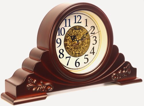 Изображение товара Большие настольные кварцевые часы MIRRON M4001C КБ/Металлический циферблат/Коричневый цвет корпуса/Часы с узорами/Белый (светлый) циферблат/Арабские цифры/Каминные часы