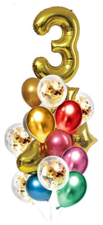 Букет из шаров «День рождения – 3 года», фольга, латекс, набор 21 шт, цвет золотой