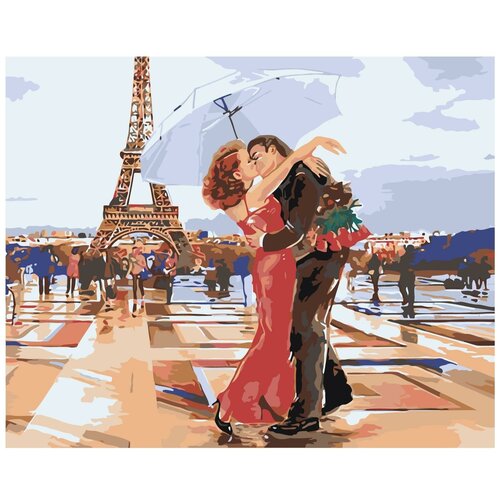 Картина по номерам, Живопись по номерам, 48 x 60, ARTH-AH41, влюбленные, поцелуй, Париж, романтика, цветы, зонт, дождь, осень, танец, Эйфелева башня картина по номерам живопись по номерам 48 x 60 fu31 эйфелева башня париж воздушные шары девушка платье танец