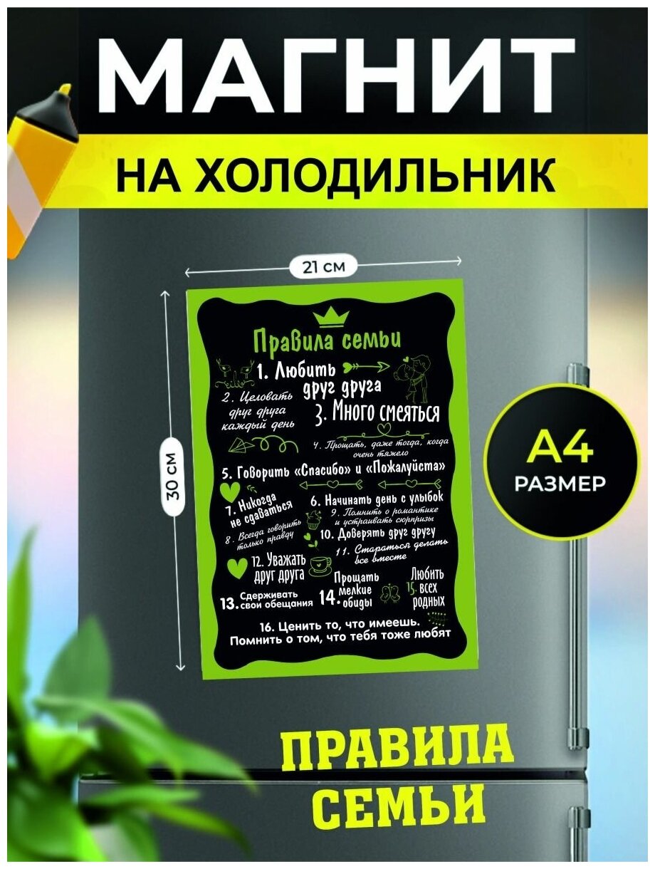 Магнит на холодильник, сувенирный магнит Правила семьи (21 см х 30 см, зеленый, черный)