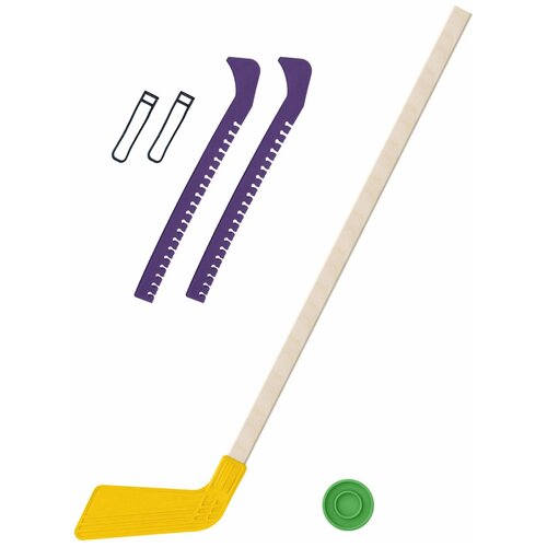 фото Набор зимний: клюшка хоккейная жёлтая 80 см.+шайба + чехлы для коньков фиолетовые, задира-плюс