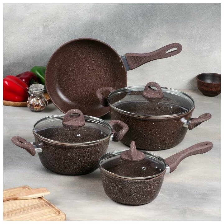 фото Набор посуды, 4 предмета: кастрюля 4 л, сотейник 2,5 л, ковш 1,4 л, сковорода d=24 см, антипригарное покрытие, цвет коричневый