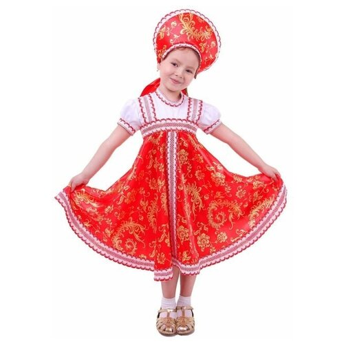 Русский народный костюм для девочки с кокошником красно-бежевые узоры размер 68 рост 134 2010917