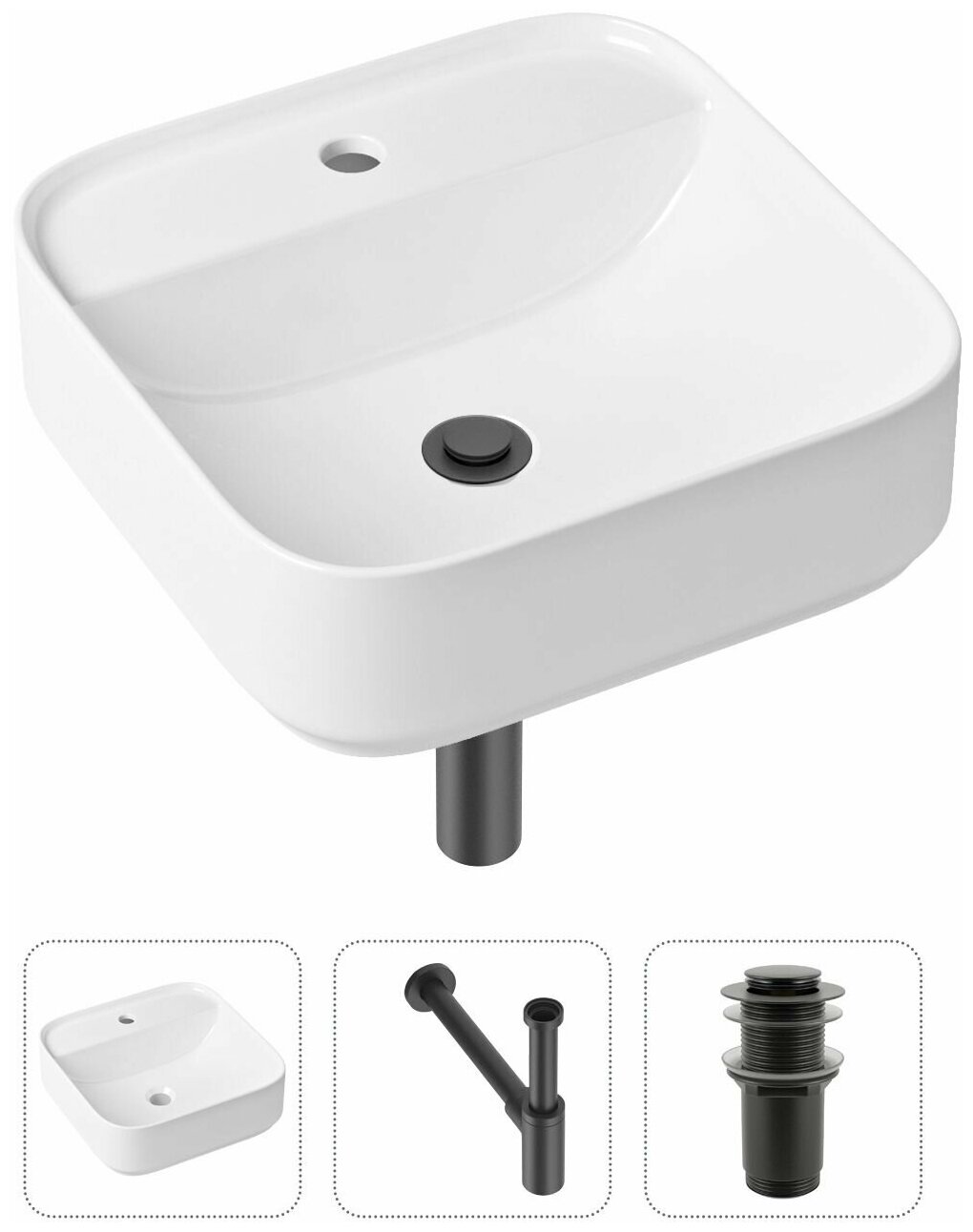 Комплект 3 в 1 Lavinia Boho Bathroom Sink 21520277: накладная фарфоровая раковина 42 см, металлический сифон, донный клапан