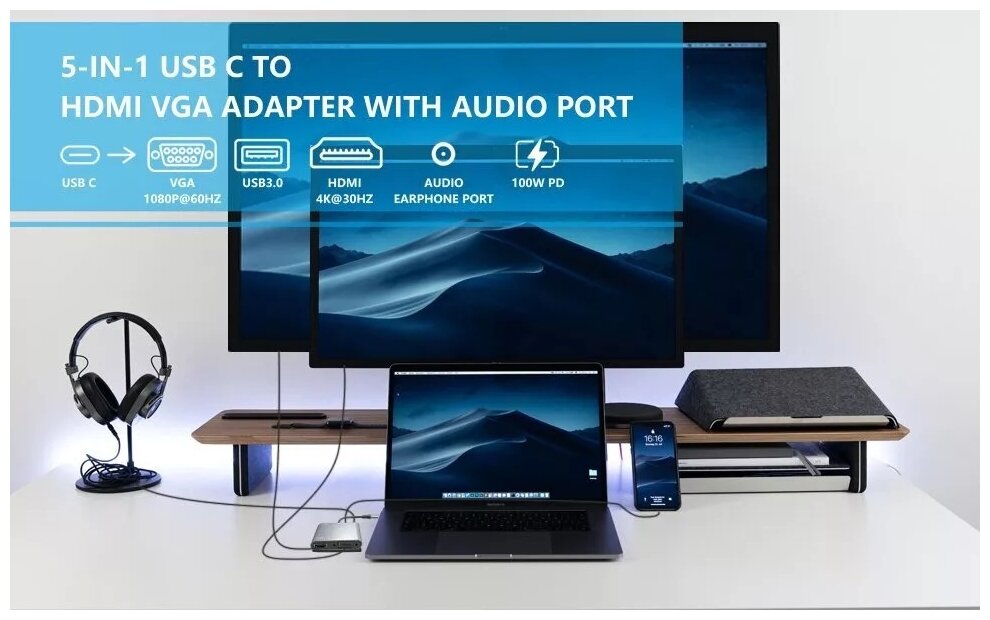 Адаптер USB Type-Cm-->VGA, HDMI 4k*30Hz, USB3.0, PD, Audio, iOpen (Aopen/Qust)<ACU4511> VCOM Адаптер-переходник AOpen/Qust USB 3.1 Type C M/HDMI F/VGA F/USB 3.0 Type A F/Jack 3.5 mm F (ACU4511) - фото №15