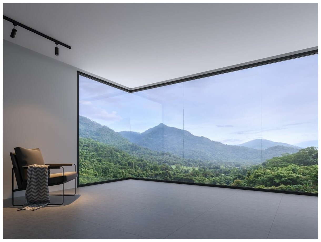 Фотообои Уютная стена "Панорамное окно с видом на горы" 360х270 см Виниловые Бесшовные (единым полотном)