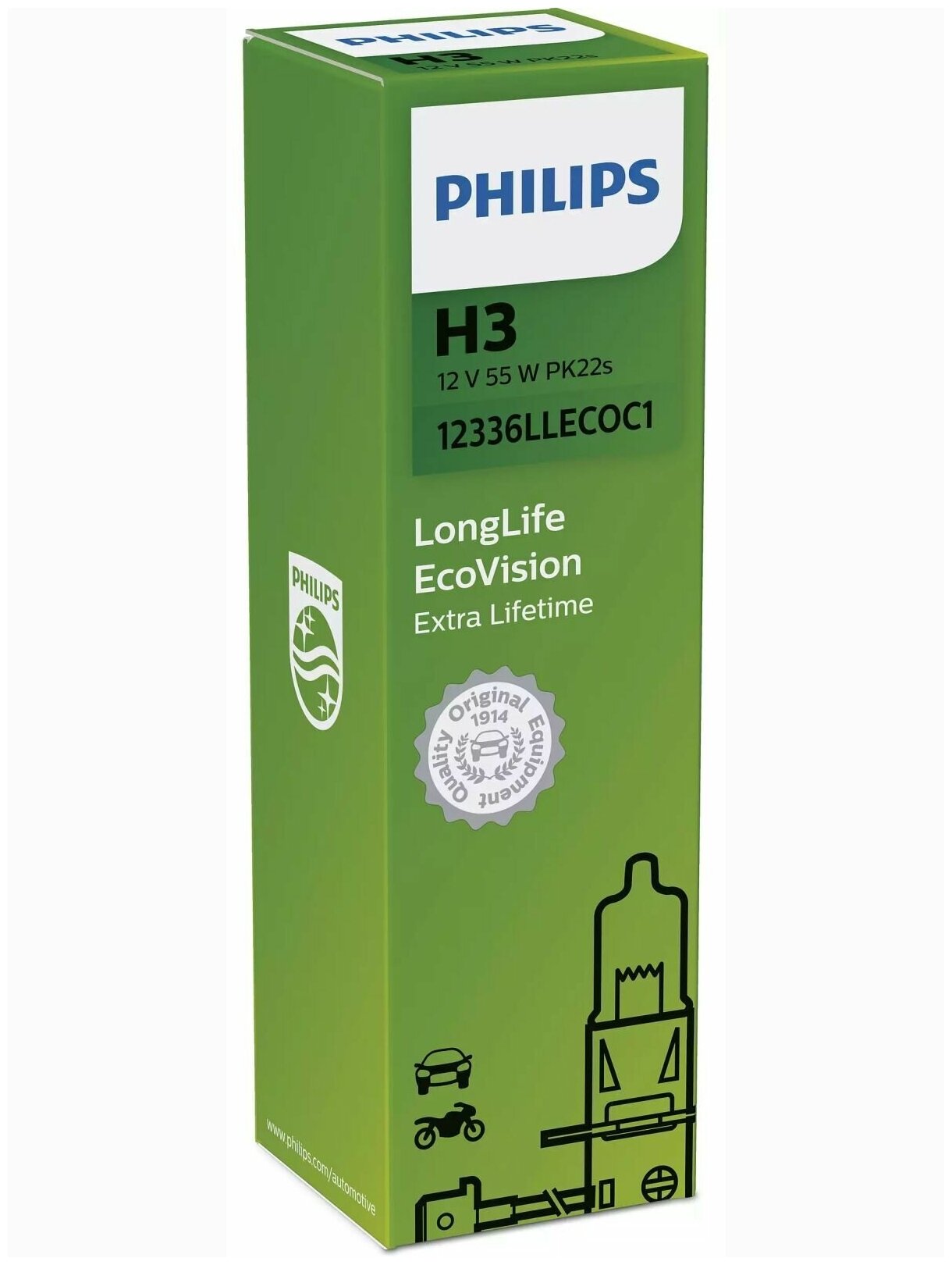 Лампа автомобильная галогенная H3 PHILIPS Longlife ECO Vision 12 В, 55 Вт, /10/100 HIT, 12336LLECOC1 1 шт.