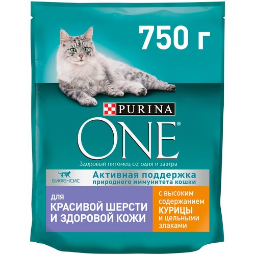 Purina ONE Сухой корм для кошек Purina One для красивой шерсти и контроля образования волосяных комков с курицей и цельными злаками, 750 гр, 2 шт.