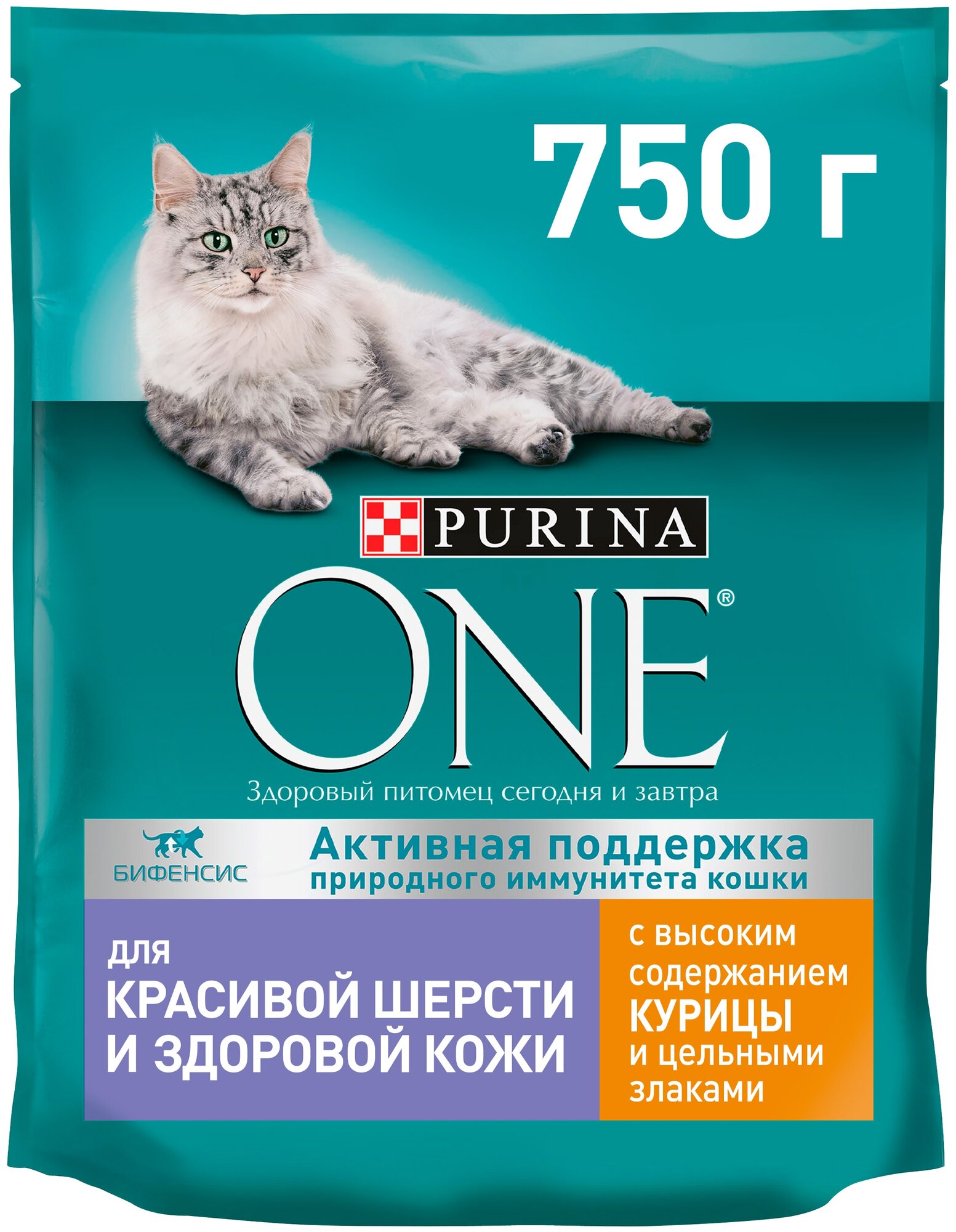 Сухой корм Purina ONE для кошек для красивой шерсти и контроля образования волосяных комков с курицей и цельными злаками, Пакет, 750 г,Для взрослых кошек