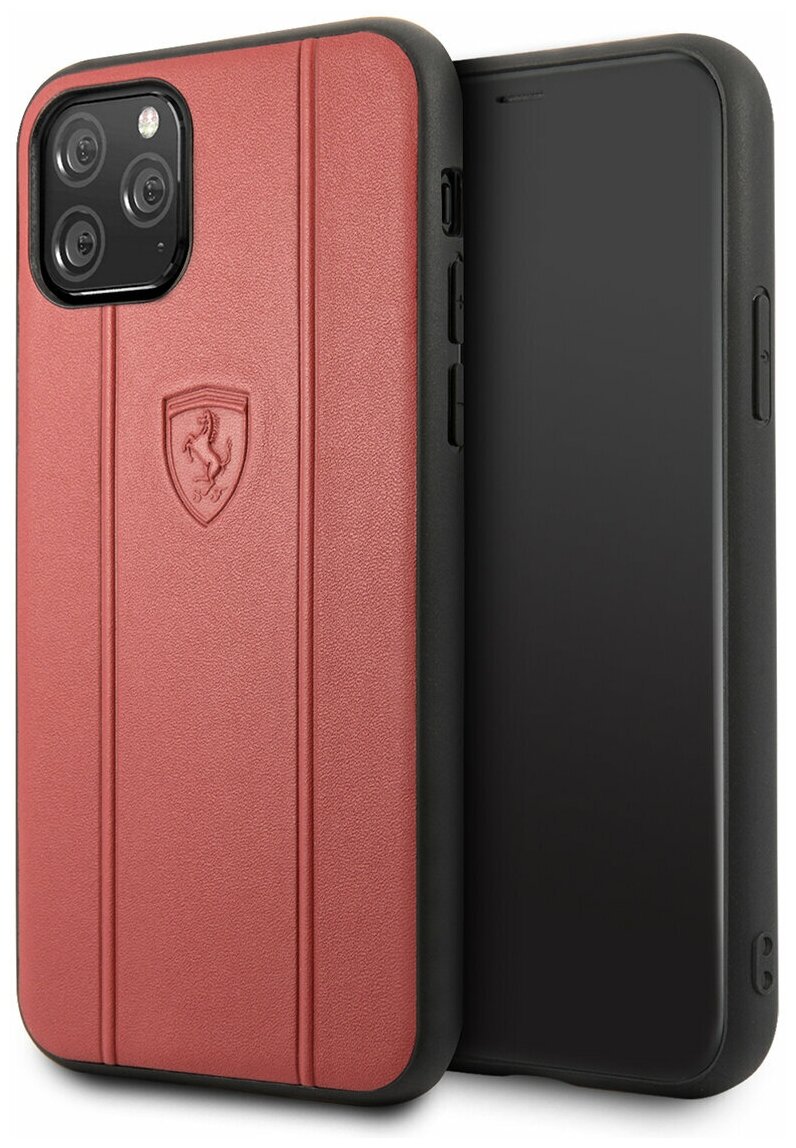 Чехол Ferrari для iPhone 11 Pro Stamped logo Embossed lines Hard Leather Red