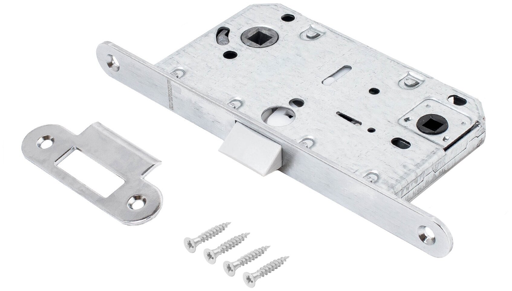 фото Защелка дверная врезная универсальная с фиксатором, для деревянных и межкомнатных дверей (матовый хром) PL 96WC-50 SC аллюр АРТ