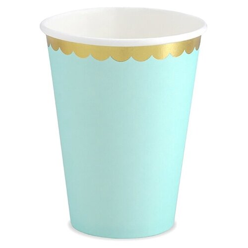 Стаканы бумажные PartyDeco для праздника и пикника Бирюзовые с золотым кантом, 220 мл, 6 шт.