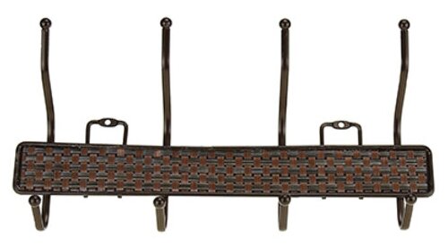 Вешалка-планка металлическая, окрашенная, 4 двухрожковых крючка, 32,5см, коричневый, вставка - искусственный ротанга (Китай) - фотография № 2