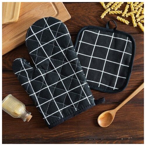 фото Кух. набор 2 пр. доляна "клетка" цв.черный, прих. 17*17 см, рукав. 26*16 см,100% п/э 5395336