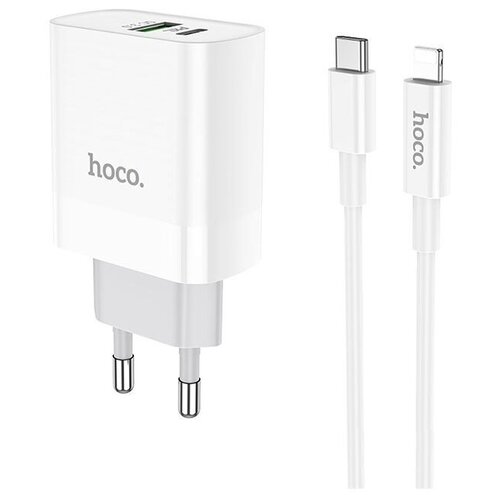 Сетевое зарядное устройство HOCO C80A 20W Type-C/USB с кабелем Lightning/Type-C (Белый)