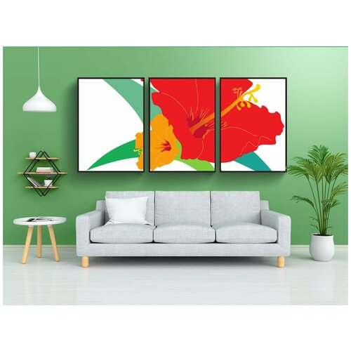 фото Набор модулных постеров для интерьера "гибискус, свежие цветы, красный" 60x90 см. в тубусе, без рамки lotsprints