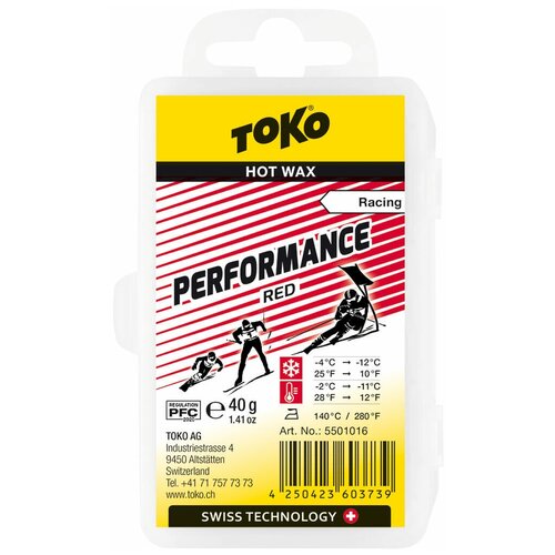 Парафин низкофтористый Toko Performance red (-4°С -12°С) 40 г. парафин углеводородный toko performance blue 9°с 30°с 40 г