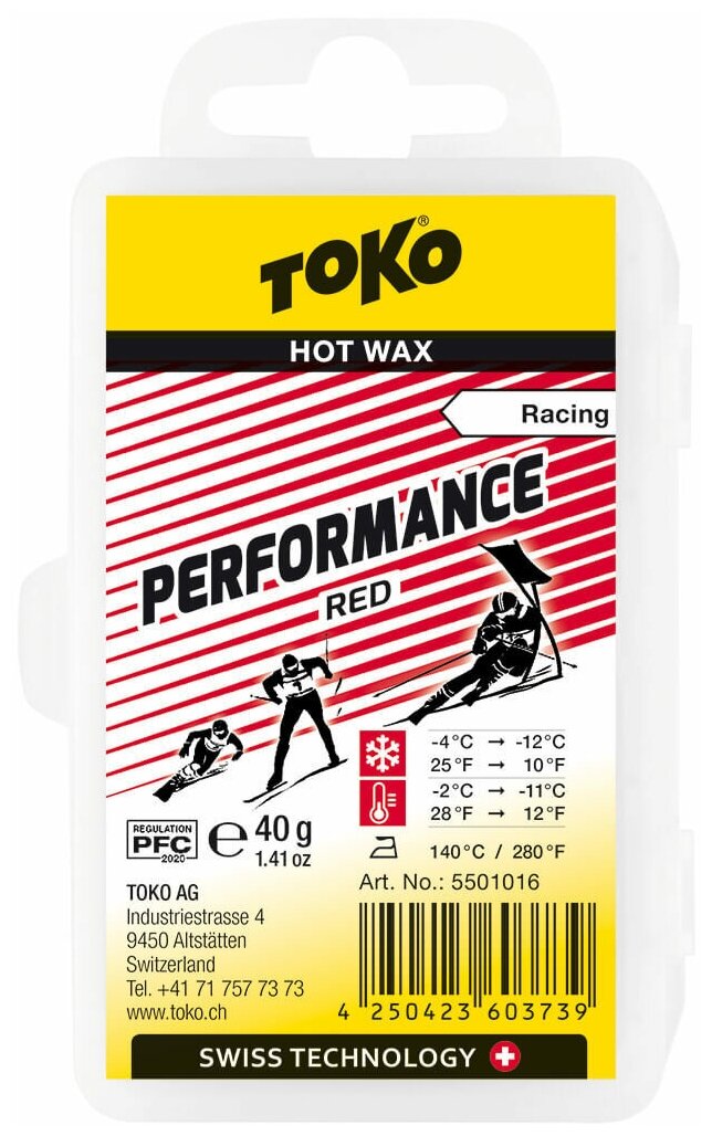 Парафин низкофтористый Toko Performance red (-4°С -12°С) 40 г.