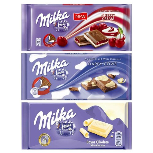 фото Шоколад milka cherry cream + happy cow + white (набор из 3 шт), 100 г, 3 уп.