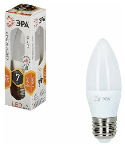 Лампа светодиодная ЭРА, 7 (60) Вт, цоколь E27, "свеча", теплый белый свет, 30000 ч, LED smdB35-7w-827-E27 (цена за 1 ед. товара)