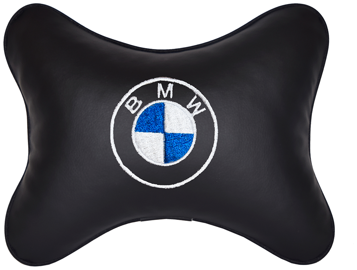 Автомобильная подушка на подголовник экокожа Black с логотипом автомобиля BMW