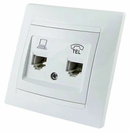 Розетка телефонная RJ11 + компьютерная RJ45 белая, Лама