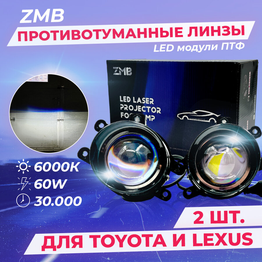 Светодиодные LED модули ПТФ линзы ZMB универсальные противотуманные фары белые 6000К на Лада Веста Renault Honda Ford(2 шт)