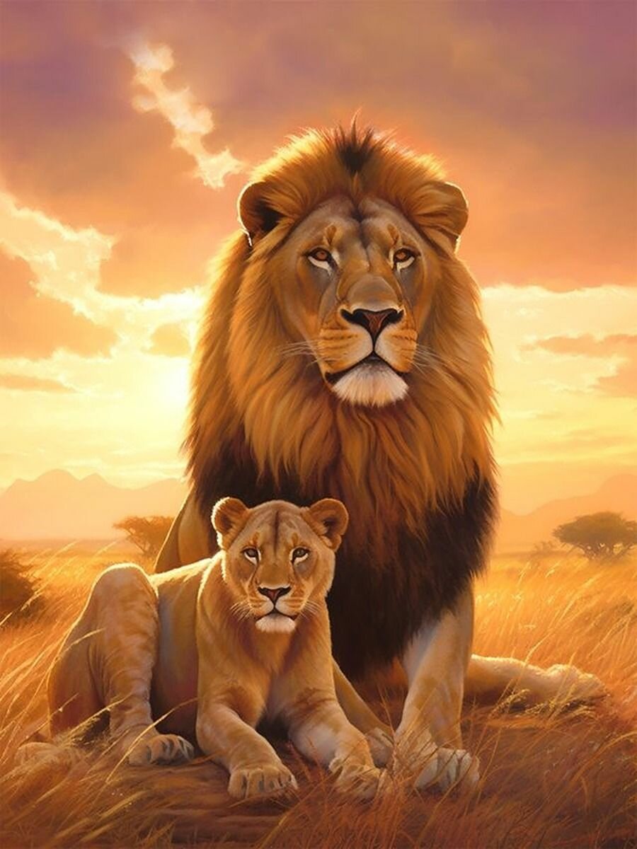 Картина по номерам на холсте 40*50 см "Лев и Львица на закате"