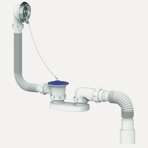 Изображение товара Сифон для ванны, гофрированный, 40х40/50х90 мм, полипропилен, с выпуском, с переливом, круглый перелив, Unicorn, S12