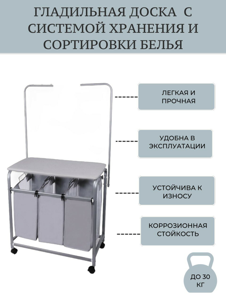 Гладильная доска с системой хранения (Три бельевых мешка + дуги) на колесах Д-04