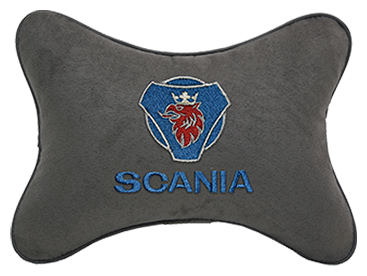 Автомобильная подушка на подголовник алькантара D.Grey с логотипом автомобиля SCANIA