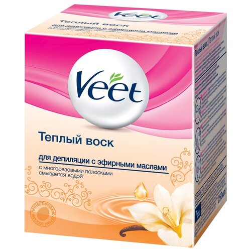 Veet Теплый воск для депиляции с эфирными маслами с многоразовыми полосками, смывается водой, 250 мл