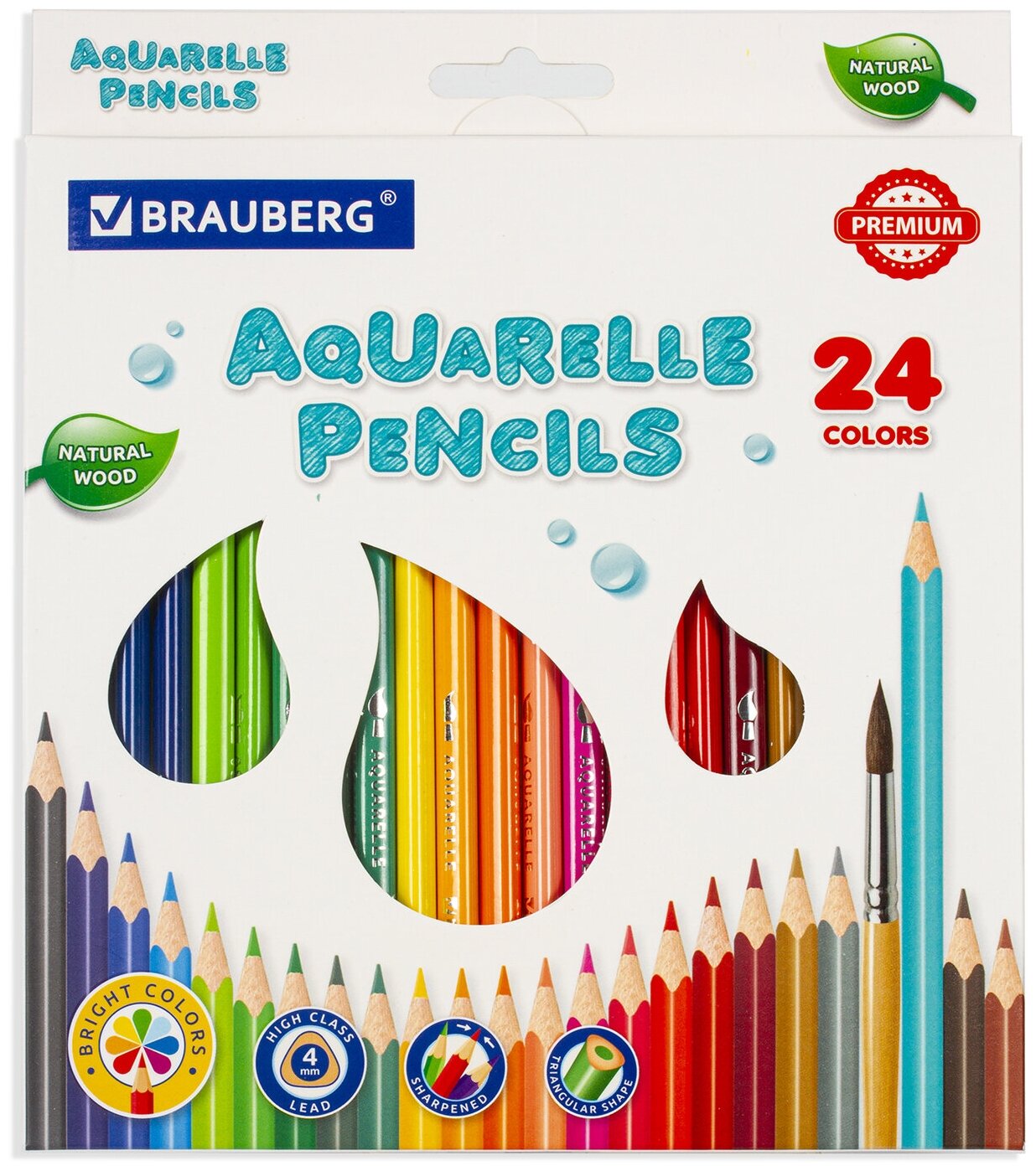 Карандаши цветные акварельные BRAUBERG PREMIUM AQUARELLE, 24 цвета, грифель мягкий 4 мм, 181673