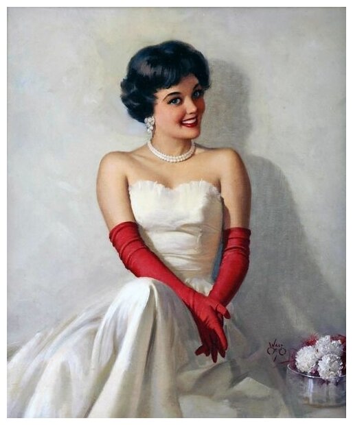 Постер на холсте Девушка в белом платье и красных перчатках 40см. x 49см.