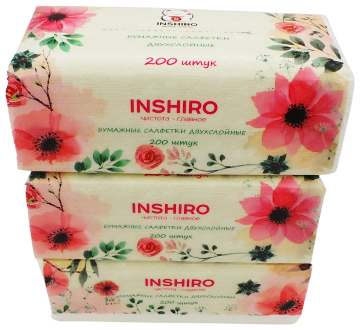 Салфетки в коробке 200 шт, INSHIRO SilkFlower 2-х. сл. белые.