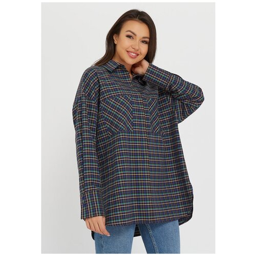 фото Рубашка женская katharina kross kk-b-007t-зеленый.клетка, свободный силуэт / оversize, цвет синий, размер 44-46