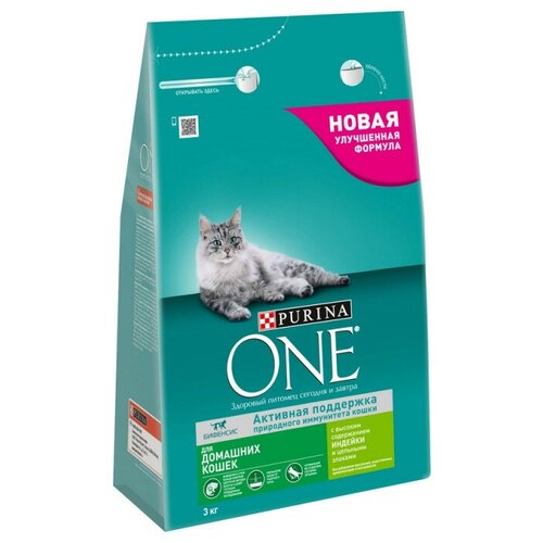 Корм сухой Purina ONE для дом кошек с индейкой и цел злаками, Пакет, 3кг