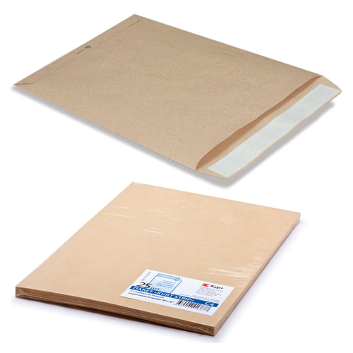 Конверт-пакеты С4 плоские (229х324 мм), до 90 листов, крафт-бумага, отрывная полоса, комплект 25 шт, 161150.25