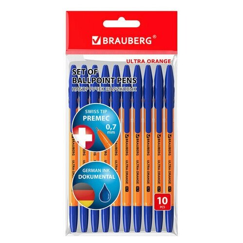 Комплект 100 шт, Ручки шариковые BRAUBERG ULTRA ORANGE, синие, набор 10 штук, корпус оранжевый, узел 0.7 мм, 143571