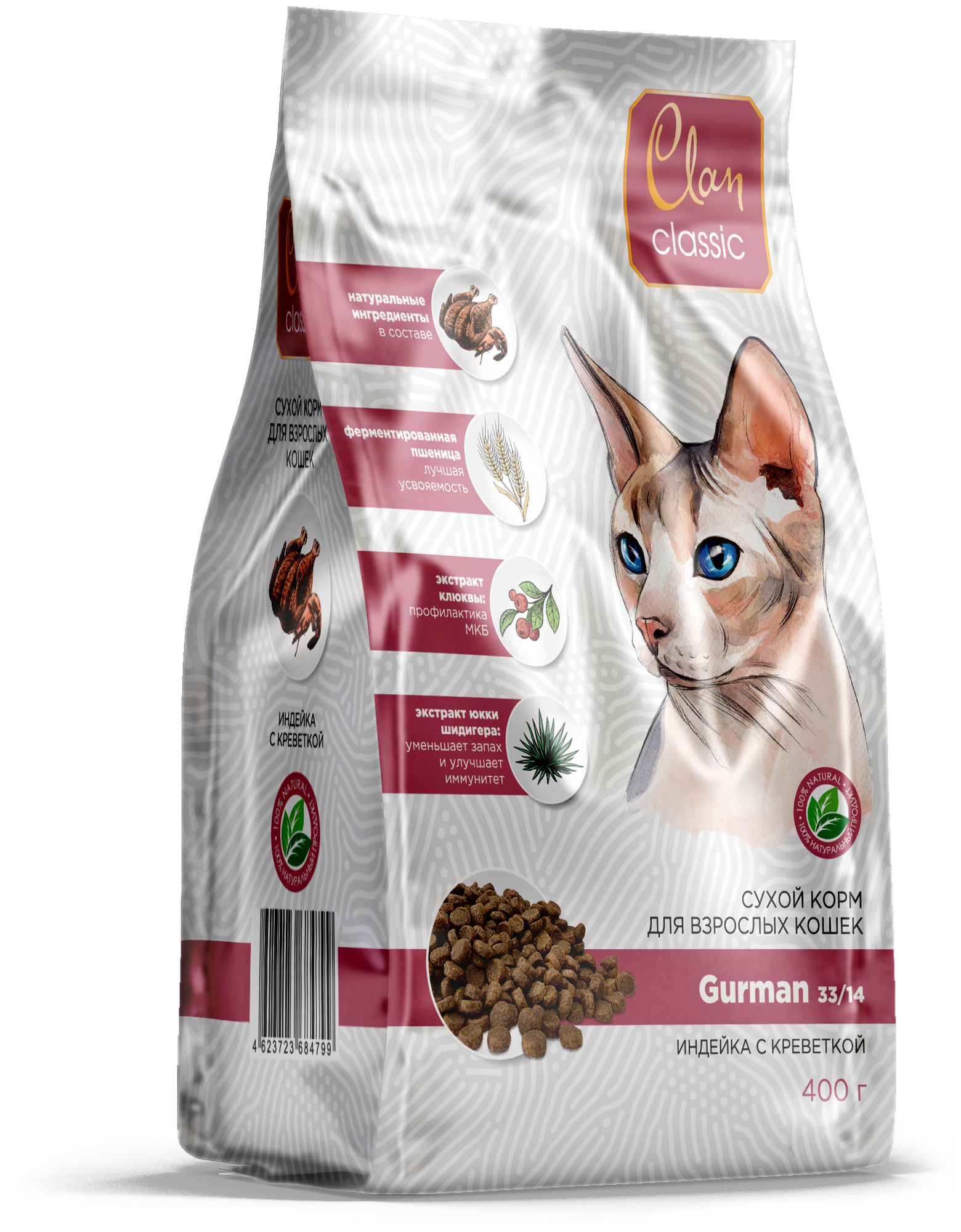 Сухой корм CLAN CLASSIC Gurman-33/14 индейка/креветки для кошек привередливых 0,4 кг