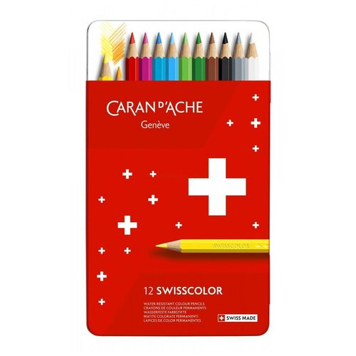 фото Цветные карандаши caran d`ache набор карандашей водоустойчивых caran d’ache swisscolor, 12цв. (метал. коробка) caran d'ache