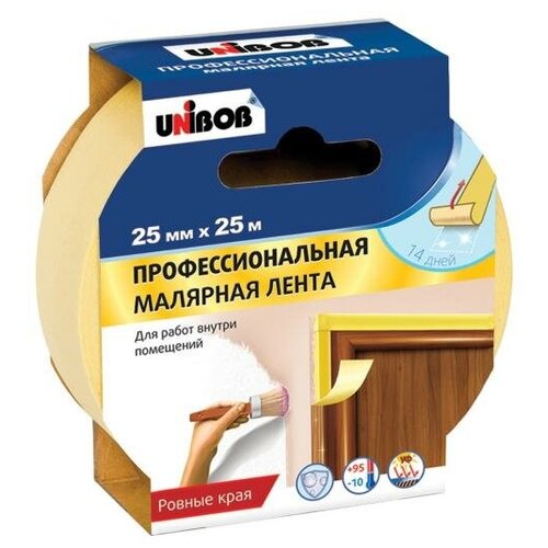 Unibob Лента малярная профессиональная UNIBOB 25ммх25м д/внутренних работ, желтая, арт.48758 лента перфорированная изобонд 25мм х 25м