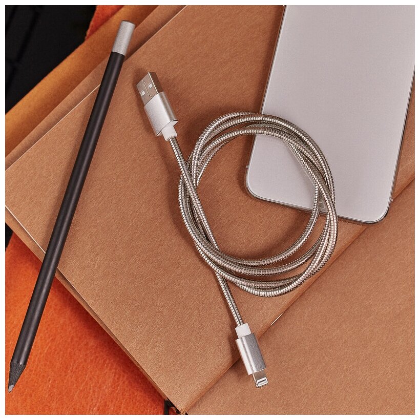 USB кабель в металлической оплетке для iPhone с разъемом lightning REXANT, цвет: Серебристый