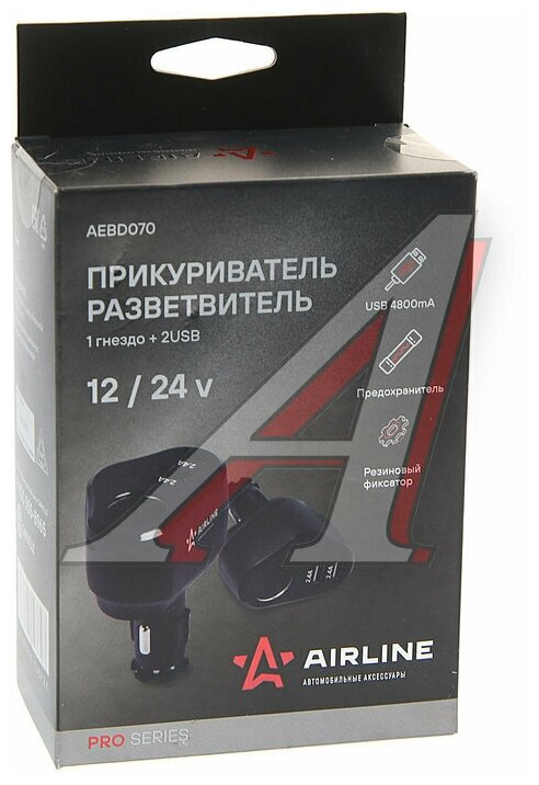 Разветвитель прикуривателя 1 гнездо + 2xUSB 2.4A+2.4A PRO AIRLINE - фото №2