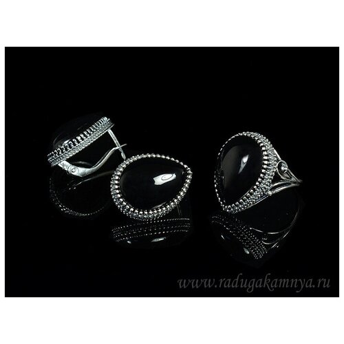 Комплект бижутерии: кольцо, серьги, агат, размер кольца 19, черный комплект бижутерии серьги кольцо агат размер кольца 19 черный