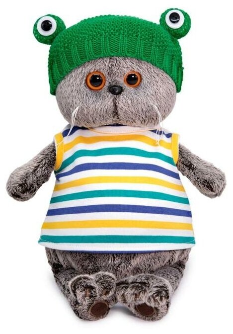 Мягкая игрушка Basik&Co Кот Басик в шапке «Лягушка», 30 см, серый/зеленый
