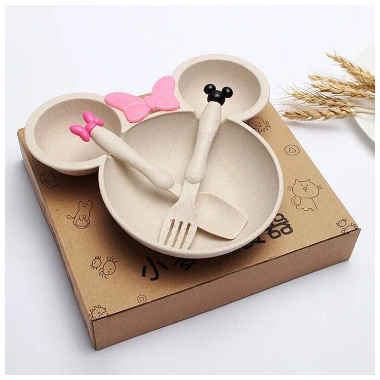 Детская тарелка секционная Микки Маус с ложкой и вилкой для кормления