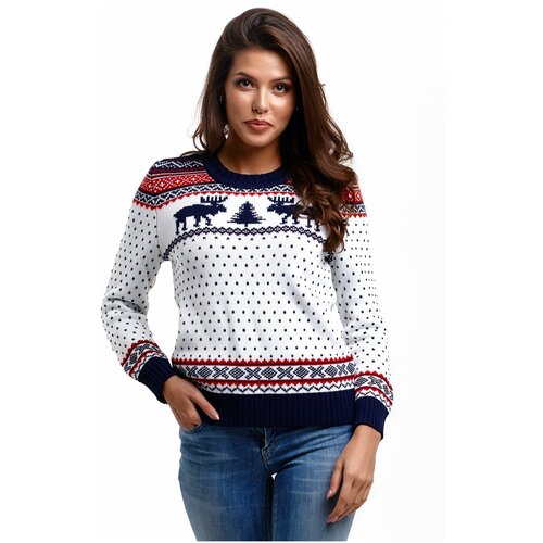 Шерстяной свитер, классический скандинавский орнамент с Оленями и снежинками, натуральная шерсть, белый цвет, размер M