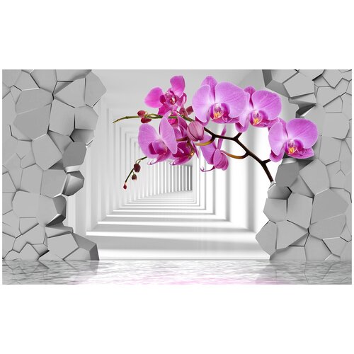 Фотообои Уютная стена 3D орхидея и пробитая стена с туннелем 440х270 см Виниловые Бесшовные (единым полотном)