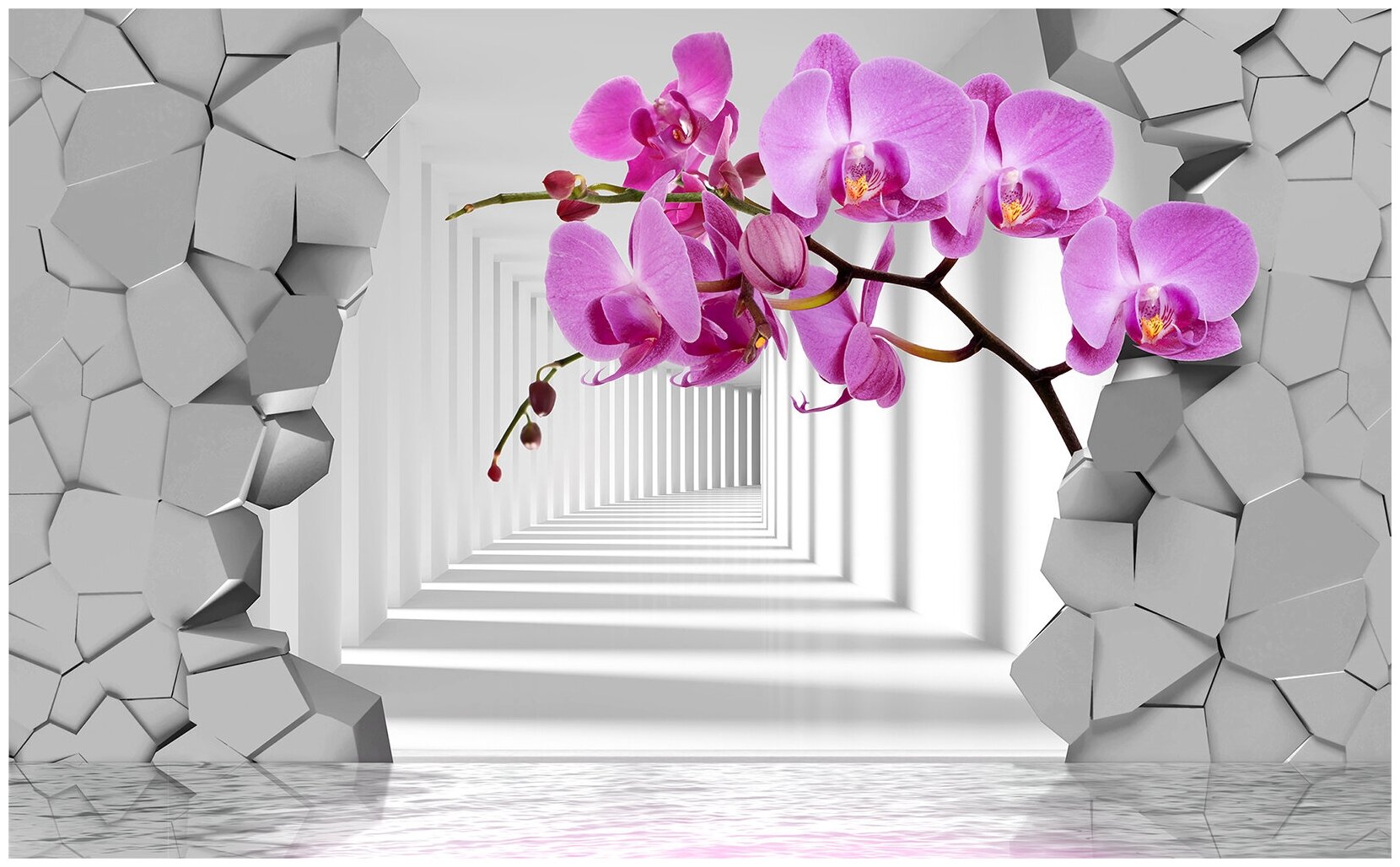 Фотообои Уютная стена "3D орхидея и пробитая стена с туннелем" 440х270 см Бесшовные Премиум (единым полотном)